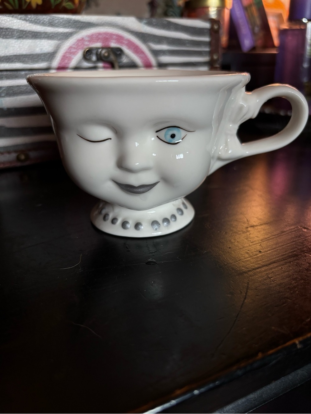 White Winking Face Ceramic Mug with Blue Eye